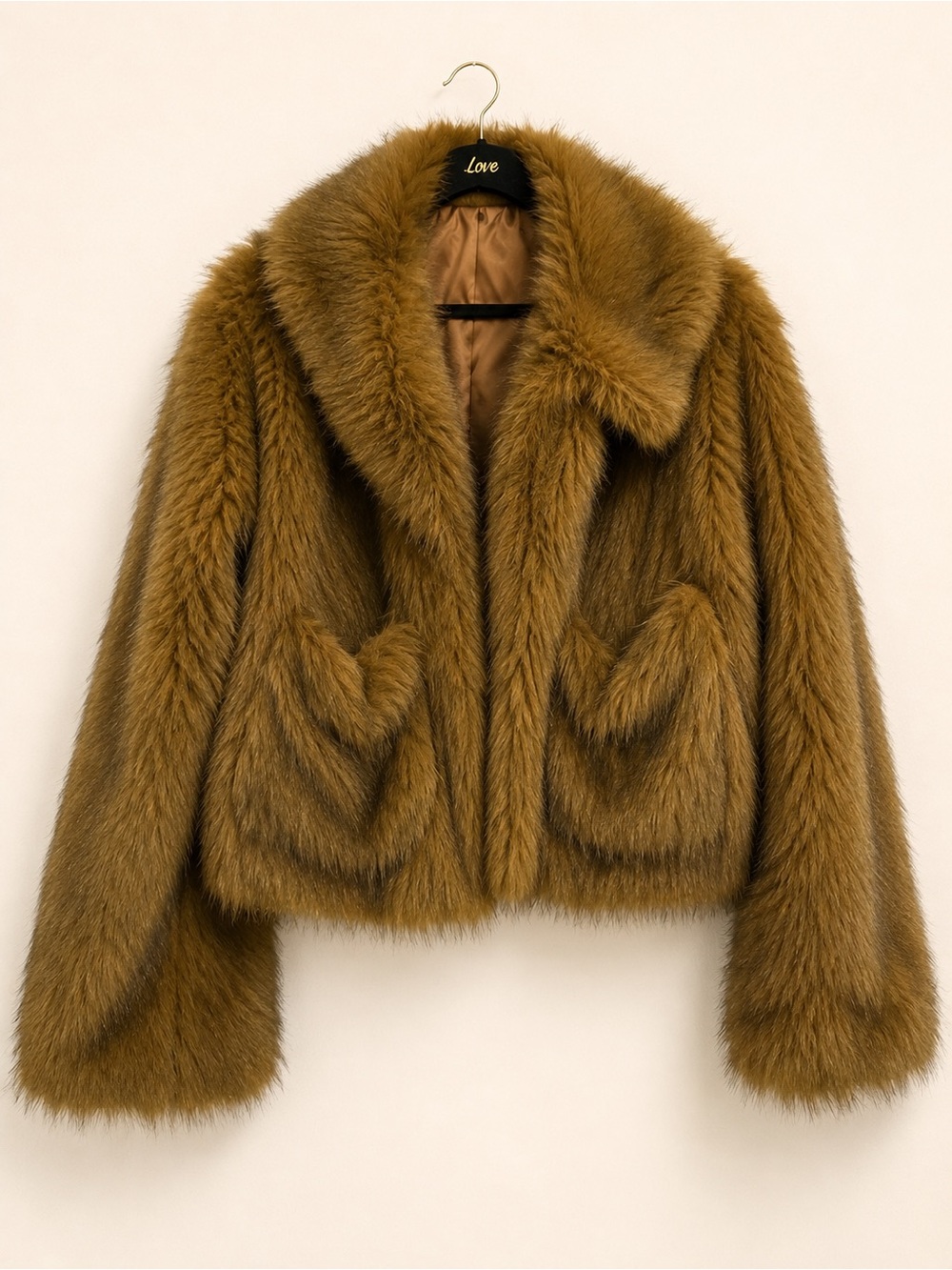 Love Cropped Teddy Jacket in Mustard Brown